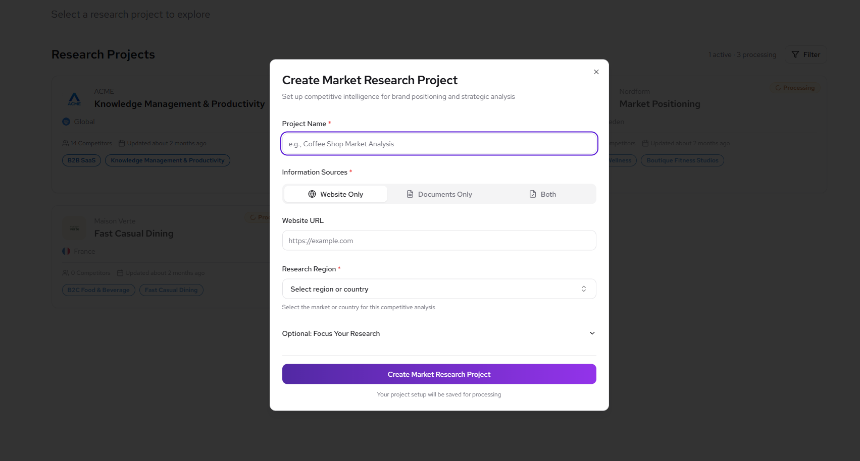 THEO Growth positioning intelligence platform - project setup for brand positioning analysis and competitor discovery